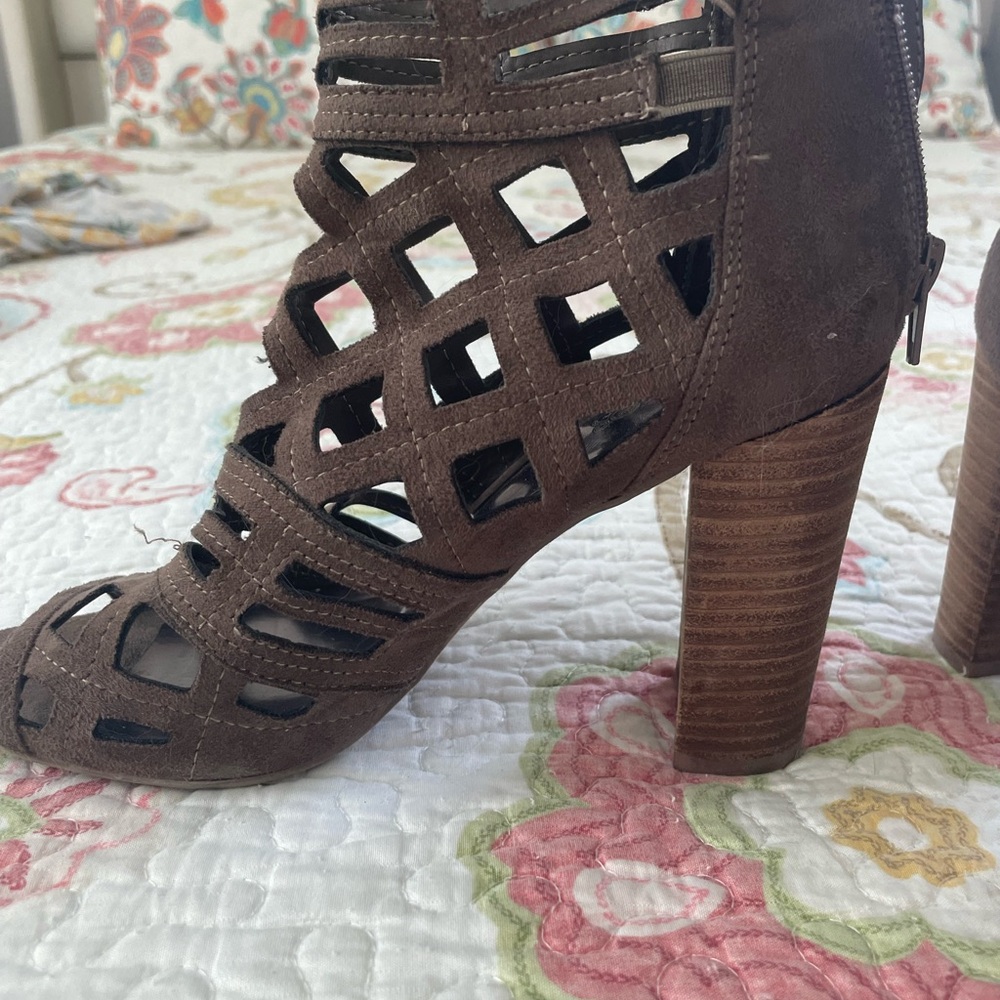 Brown Suede Cutout Heeled Sandals